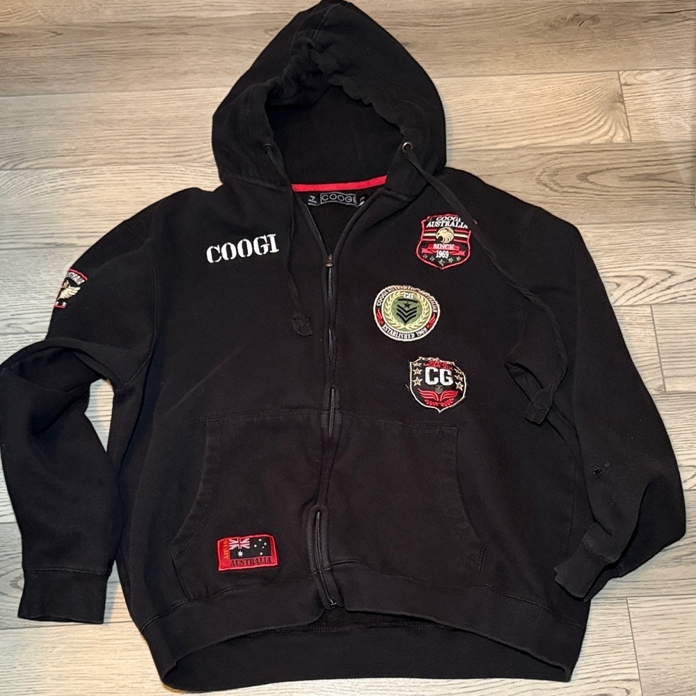 COOGI Black Zip-Up Hoodie with Embroidered Patches Size XXL Big Tall - Picture 3 of 13